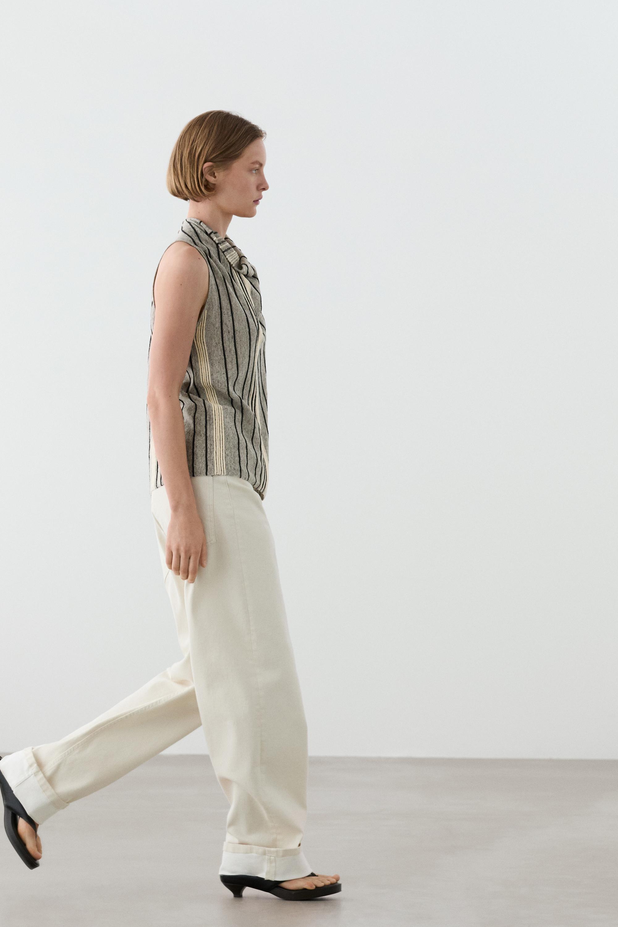 Linen blend top with draped neckline